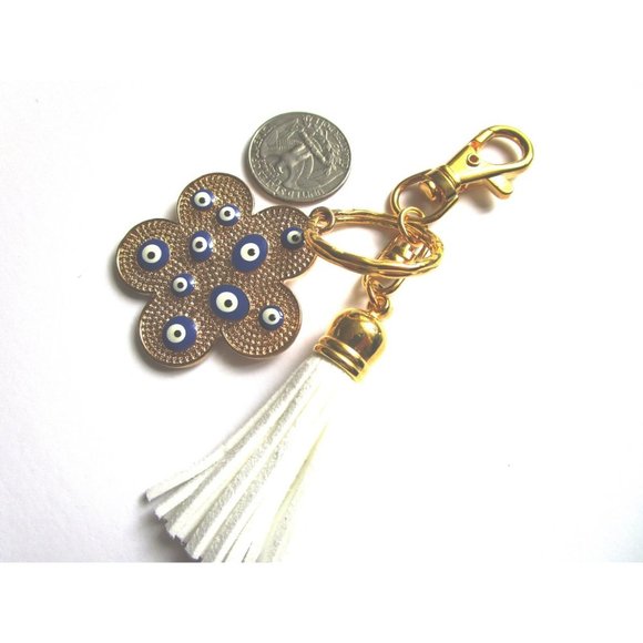 Gold tone blue evil eye flower charm key chain white leather tassel purse charm - Picture 4 of 9